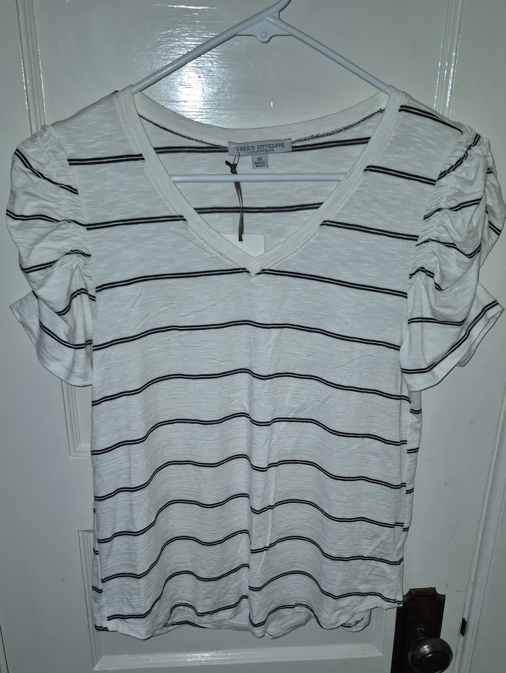 Green Envelope White V-Neck Short Sleeve Tee with Black Stripes